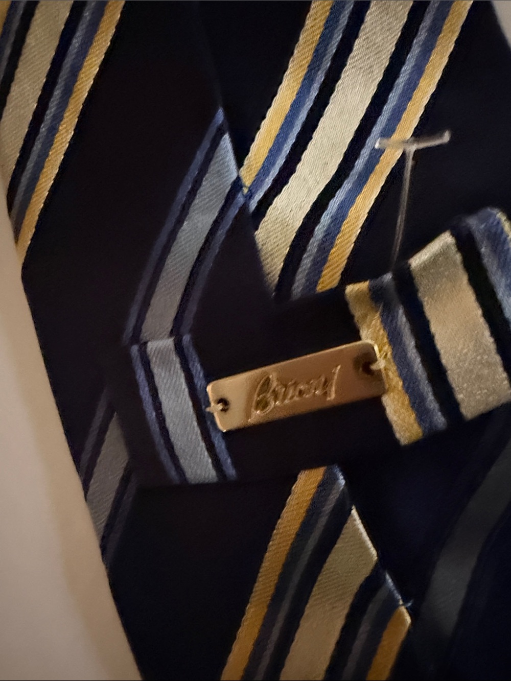 Brioni Navy Tie with Light Blue and Gold Stripes - Picture 3 of 6